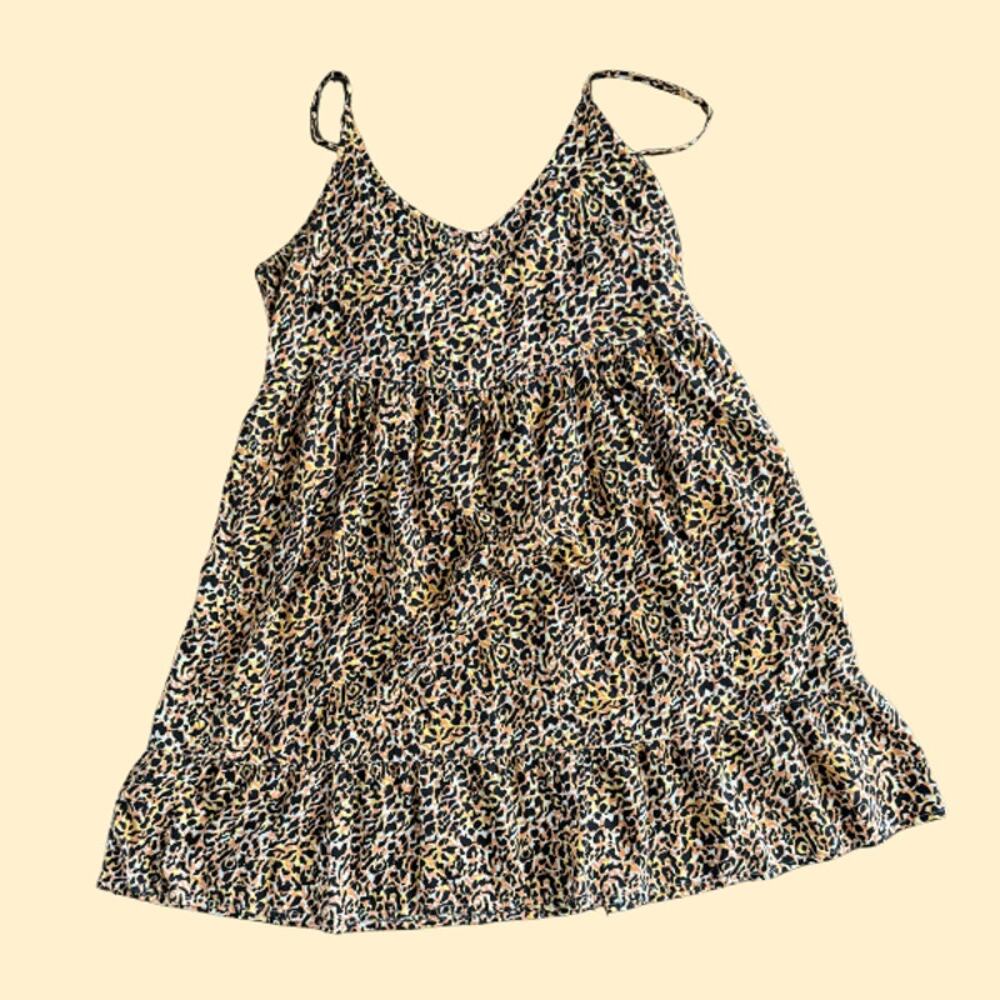 Hurley Leopard Print Babydoll Mini Sundress Medium Cheetah Boho Beach Spaghetti